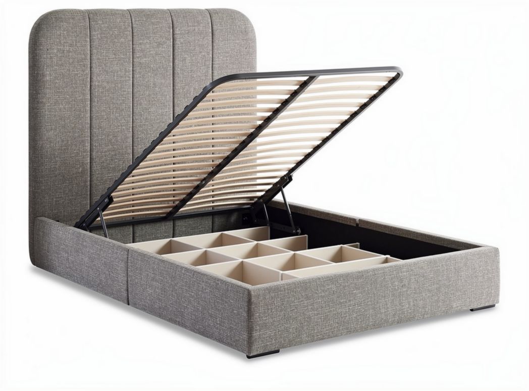 Fabric upholstered storage bed frame with lift-top design and dimensions 210 x 160 x 100cm