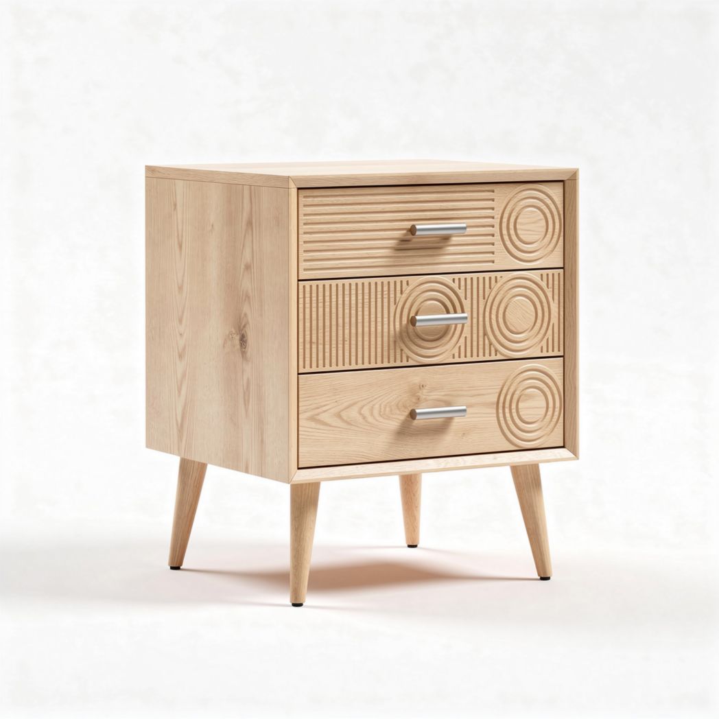 Wooden nightstand with three drawers and decorative patterns 40 x 40 x 50cm