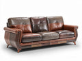 Brown leather three-seater sofa with decorative stitching and wooden legs