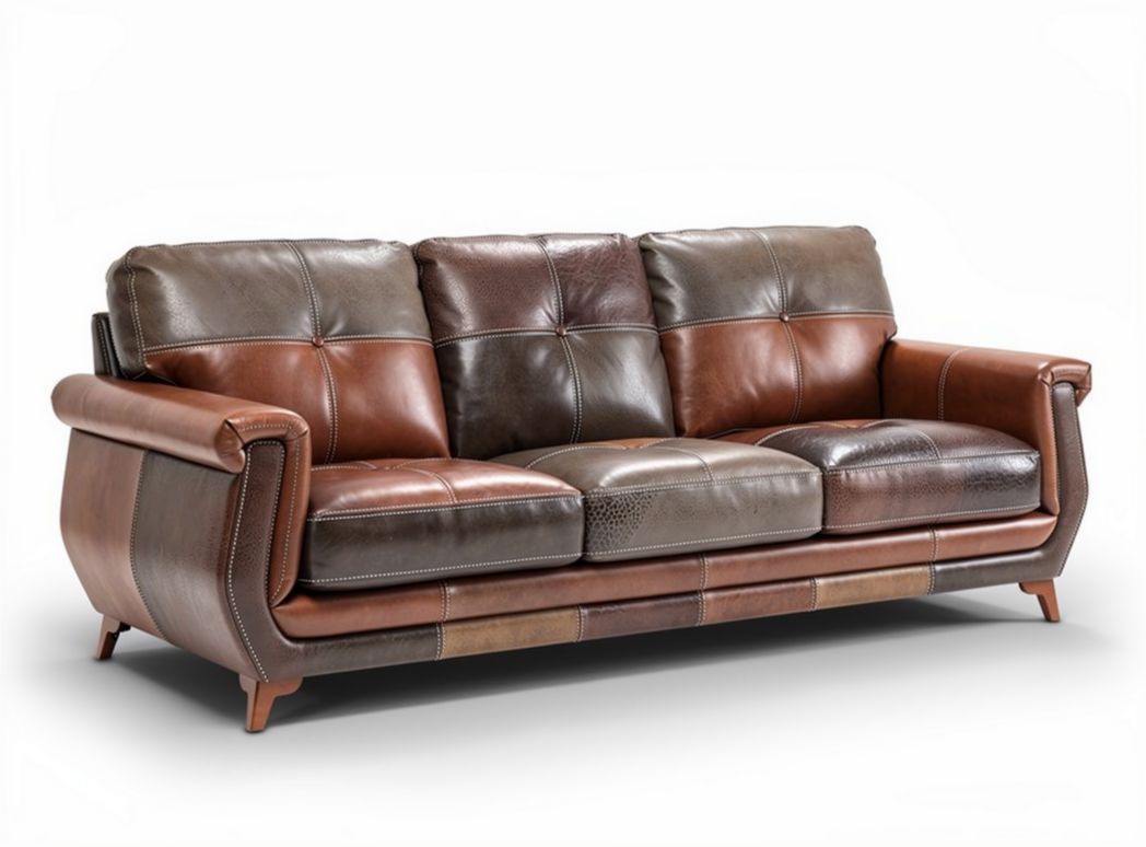 Brown leather three-seater sofa with decorative stitching and wooden legs