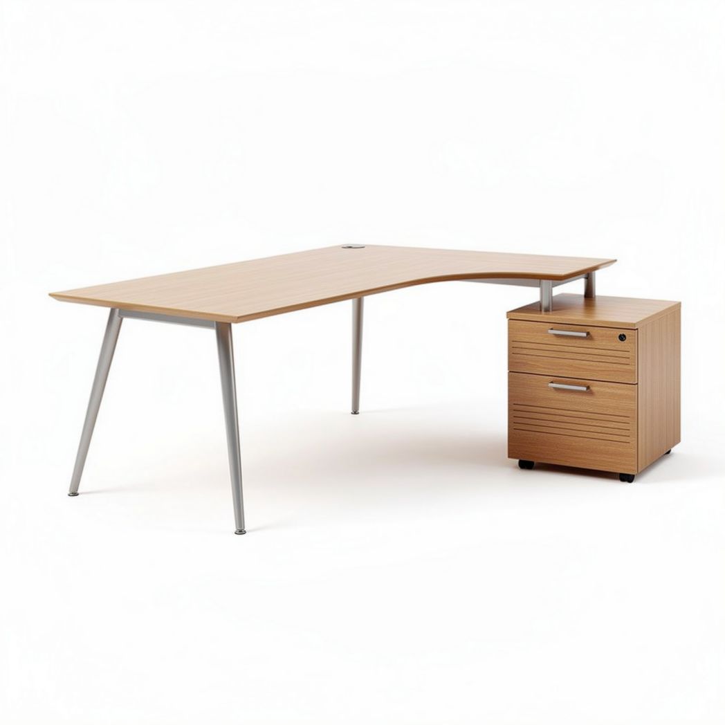 L-shaped wooden office desk with metal legs and two storage drawers