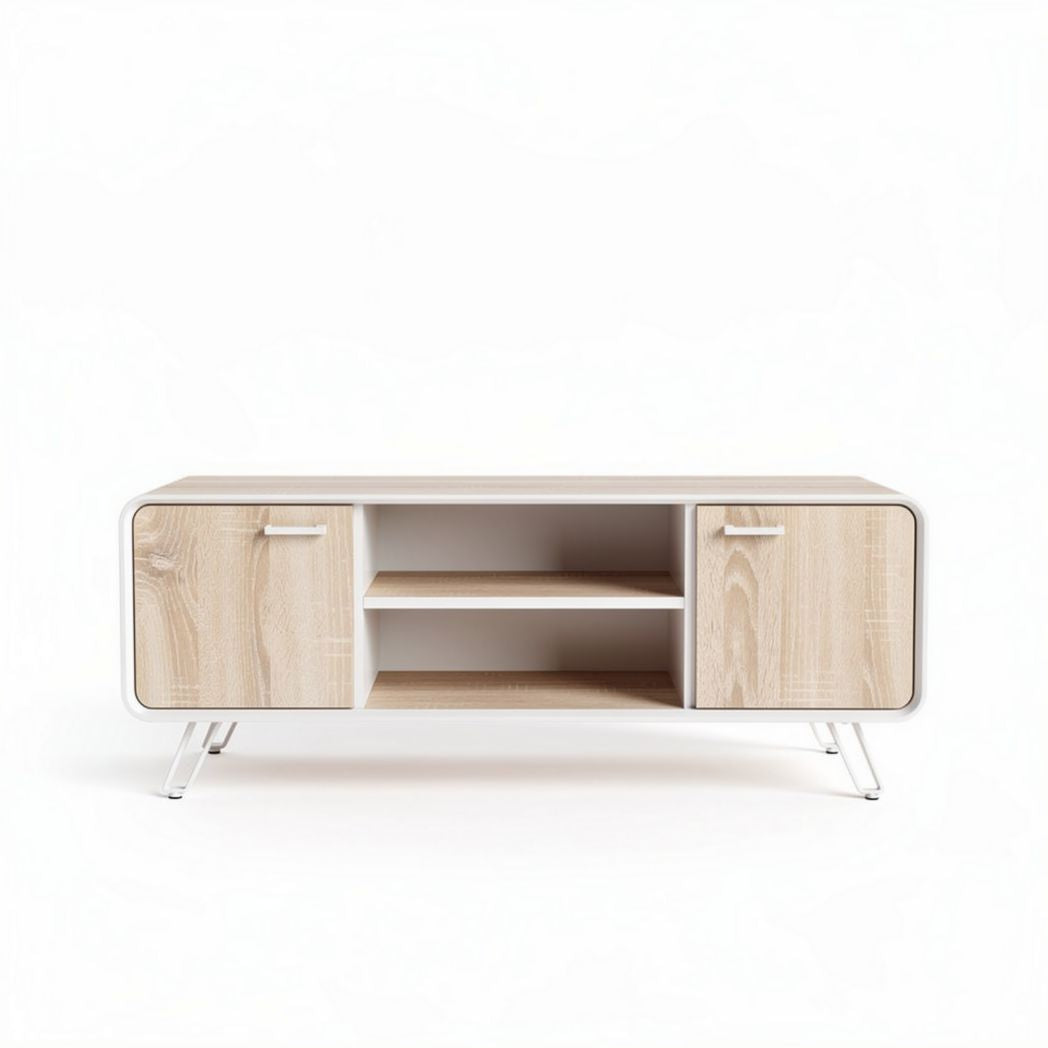 Modern wooden media console in white and natural finish 120 x 40 x 45cm