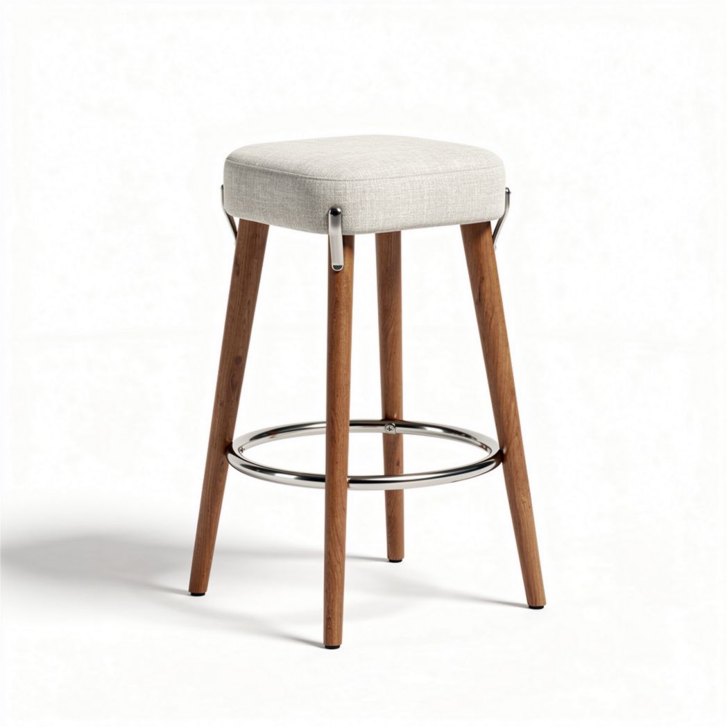 Wooden bar stool with padded seat in light gray fabric 40 x 40 x 75cm