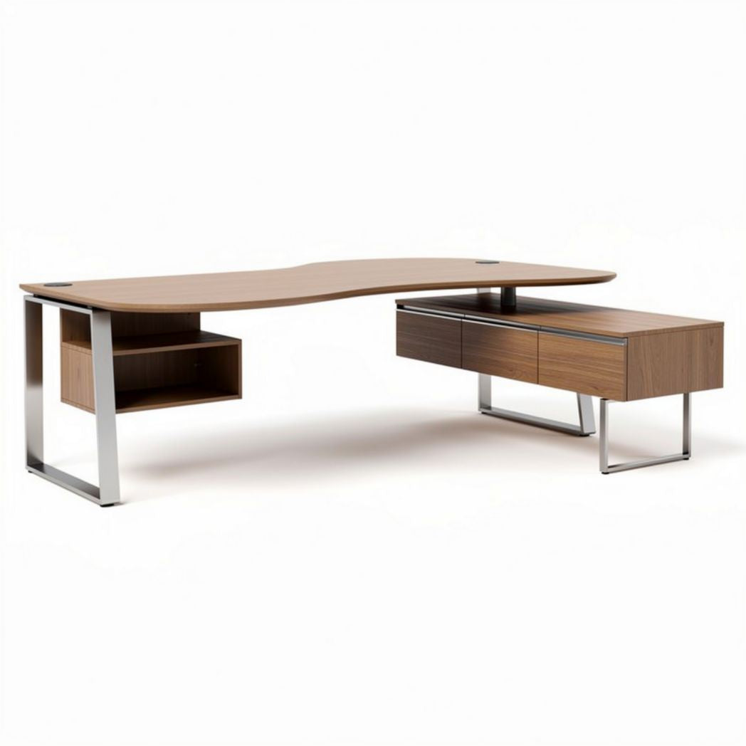 L-shaped wooden office desk with metal legs and storage drawers 180 x 80 x 75cm