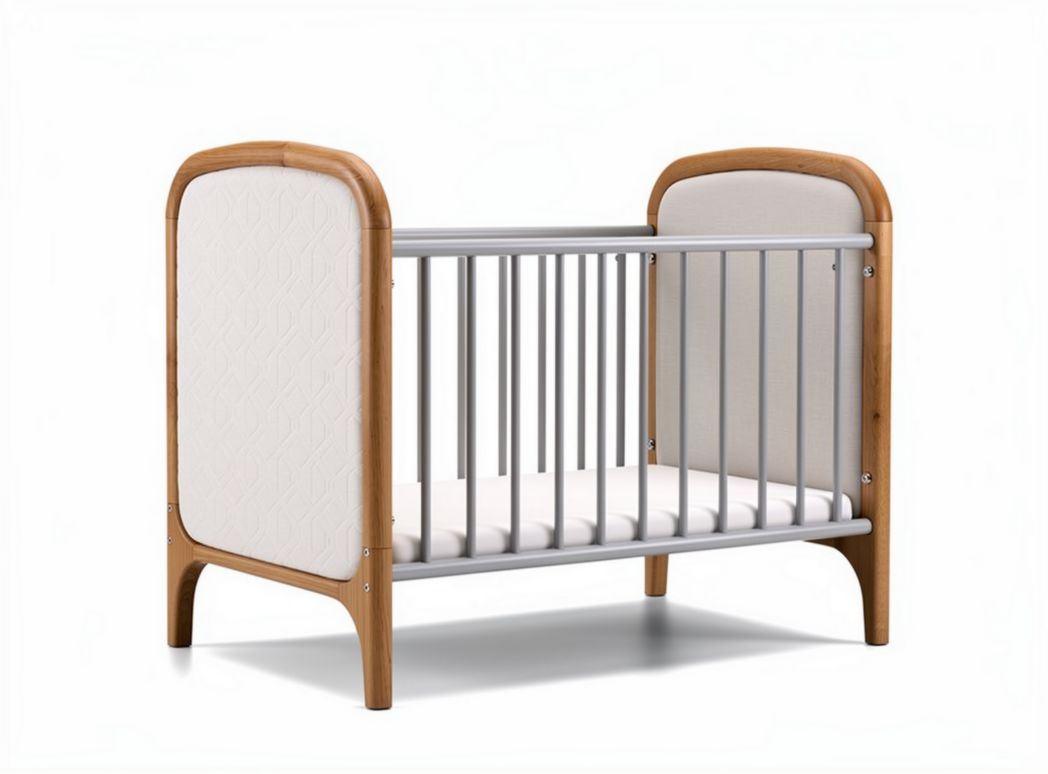 Wooden baby crib with padded sides 120 x 60 x 90cm grey and beige