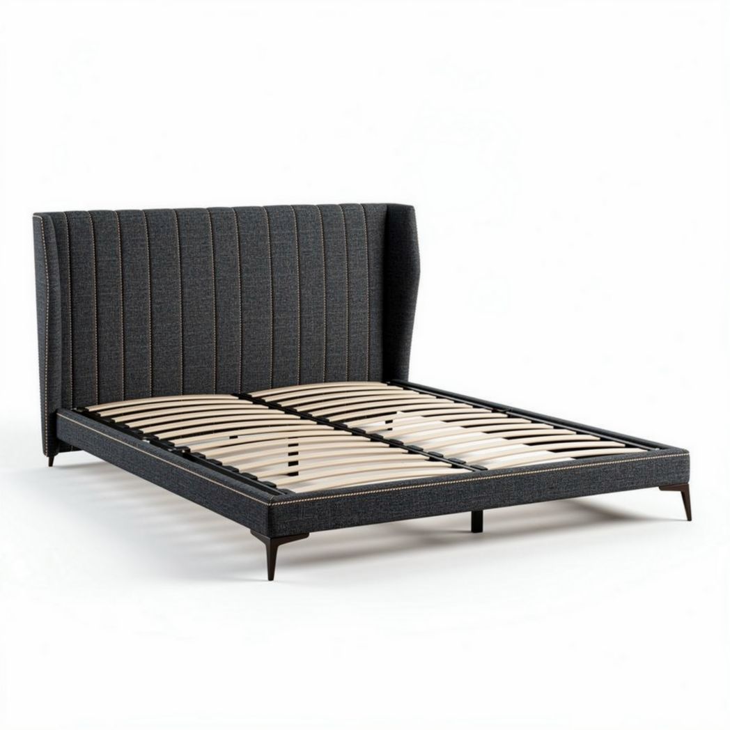 Upholstered platform bed frame with wooden slats in black fabric 200 x 160 x 100cm