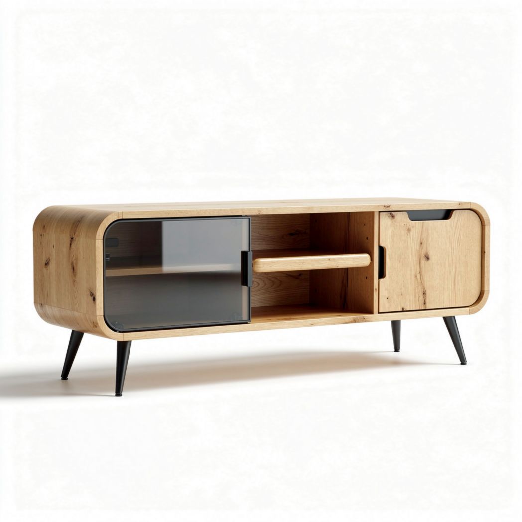 Wooden media console with glass doors and storage shelves 150 x 40 x 55cm