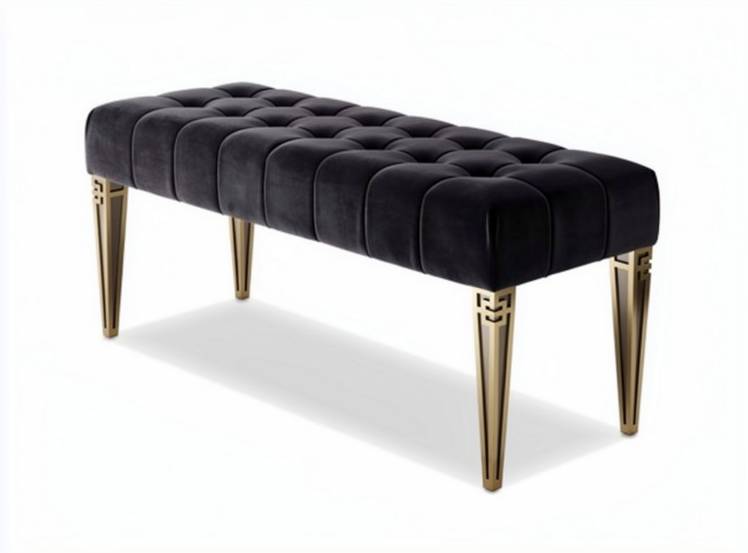Black velvet tufted bench with gold metal legs 100 x 40 x 45cm